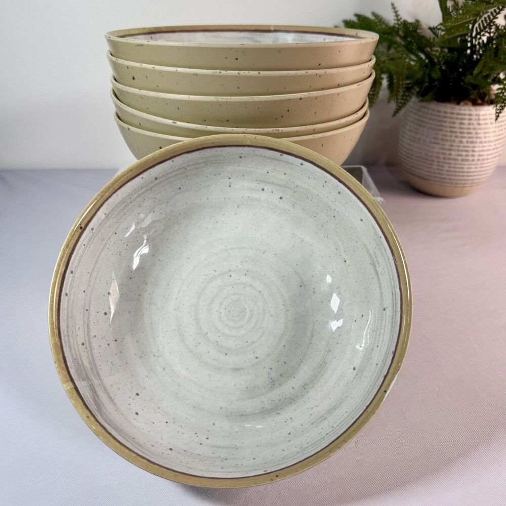Food Network Set of 6 Melamine Dinner Cereal Bowls Beige with Brown Border